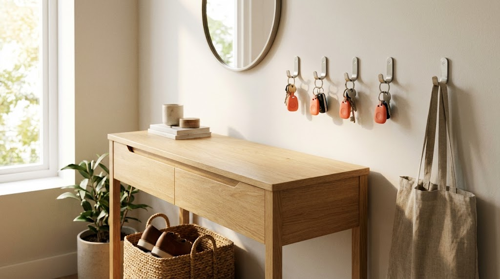 Tukio family entryway with multiple trackers