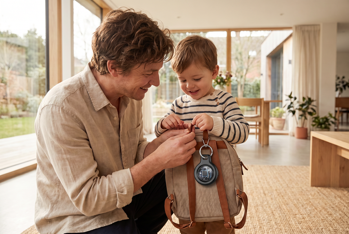 Parent and child clipping a Tukio TX02 tracker to a backpack