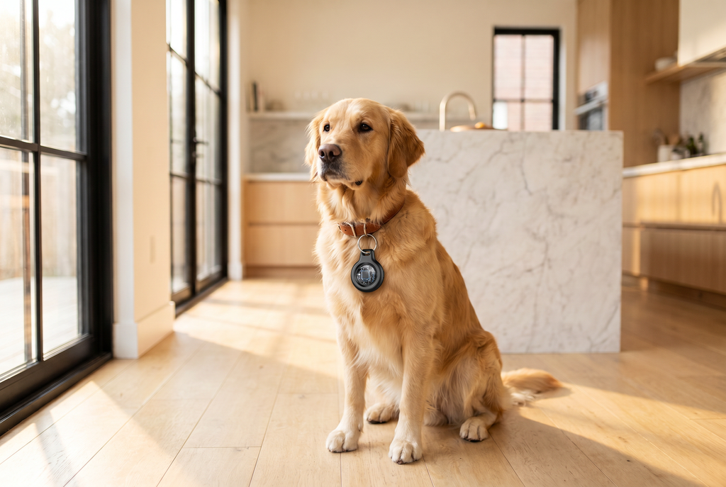Tukio TX02 tracker on a golden retriever's collar