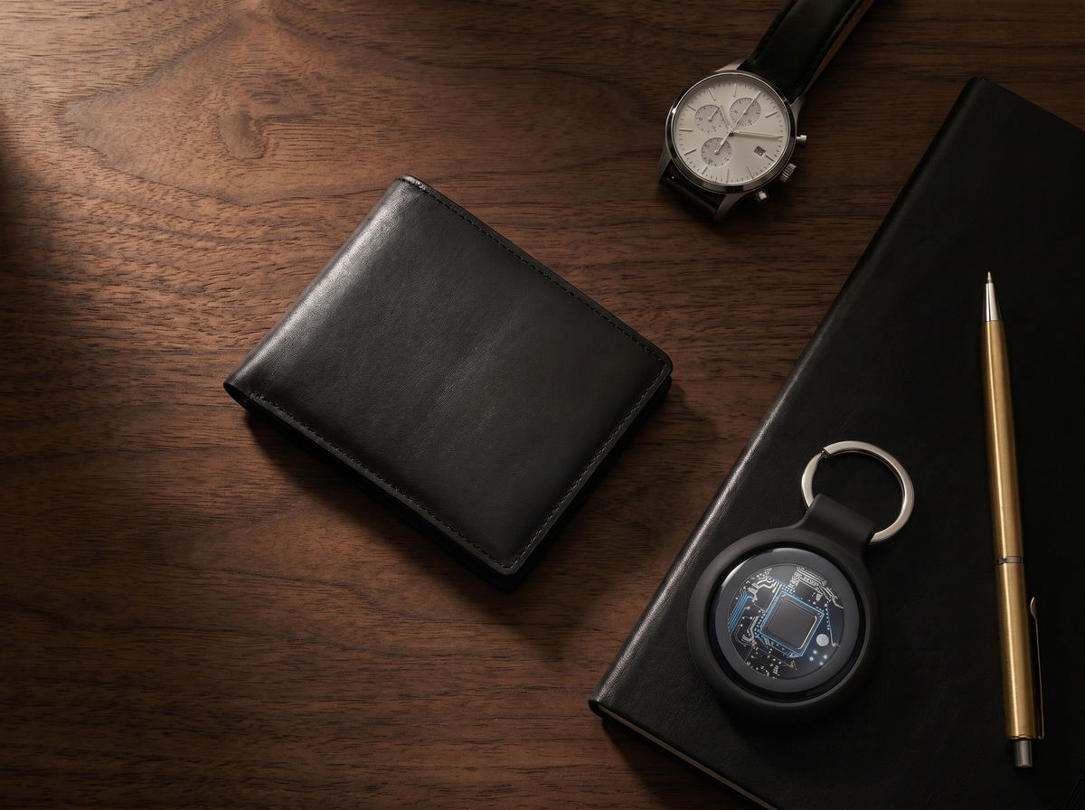 Tukio TX02 tracker on a keyring beside a leather wallet