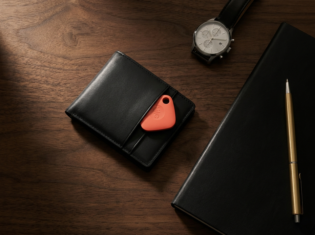 Tukio tracker in leather wallet flat lay