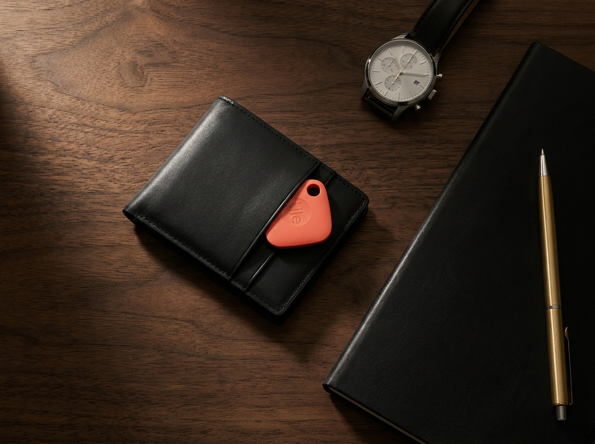 Tukio tracker in leather wallet flat lay